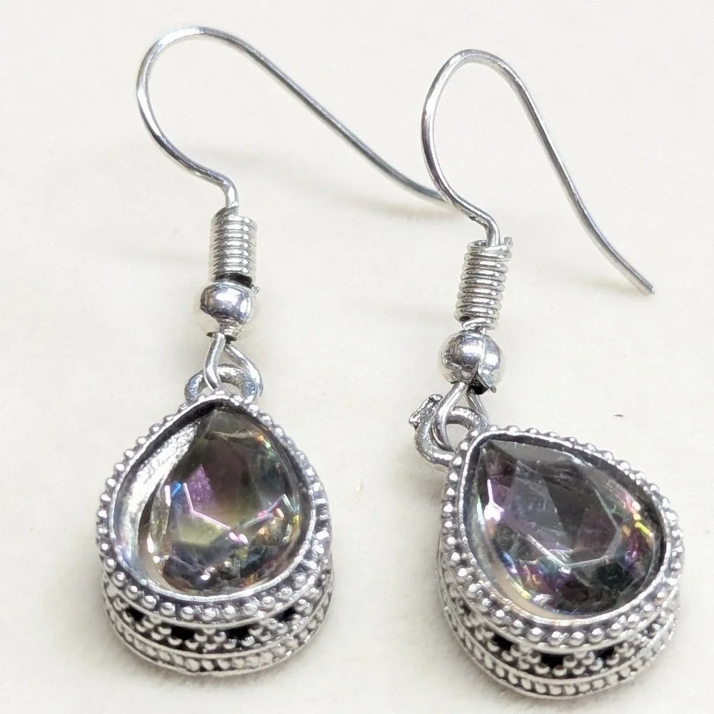 Teardrop Dangle Earrings Silver Tone Iridescent Boho Filigree Tear Drop Mystical